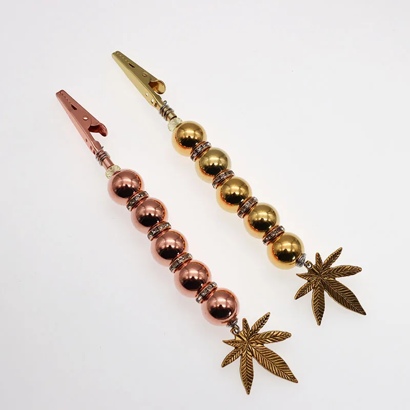 1Pc Bling Rose Gold Beaded Roach Smoking Tobacco Clips ATM Card Holder Cigarettes Blunt Clips With Maple Leaf Charm