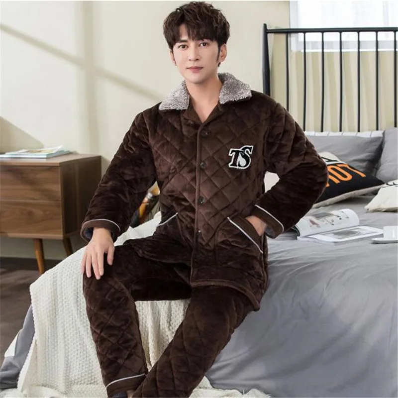 Male Flannel Warm Sleepwear Thermal Winter Thick Coral Fleece Men Pajamas Sets of Sleep Tops & Bottoms  Home Clothing