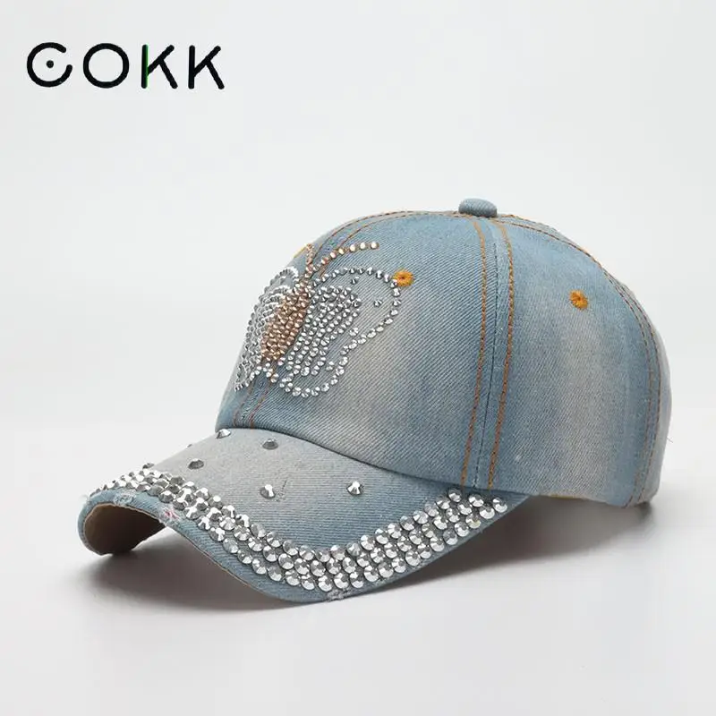 

COKK Women's Baseball Cap Shiny Butterfly Pattern Denim Cloth Snapback Hats For Women Summer Autumn Casual Gorras Adjustable New