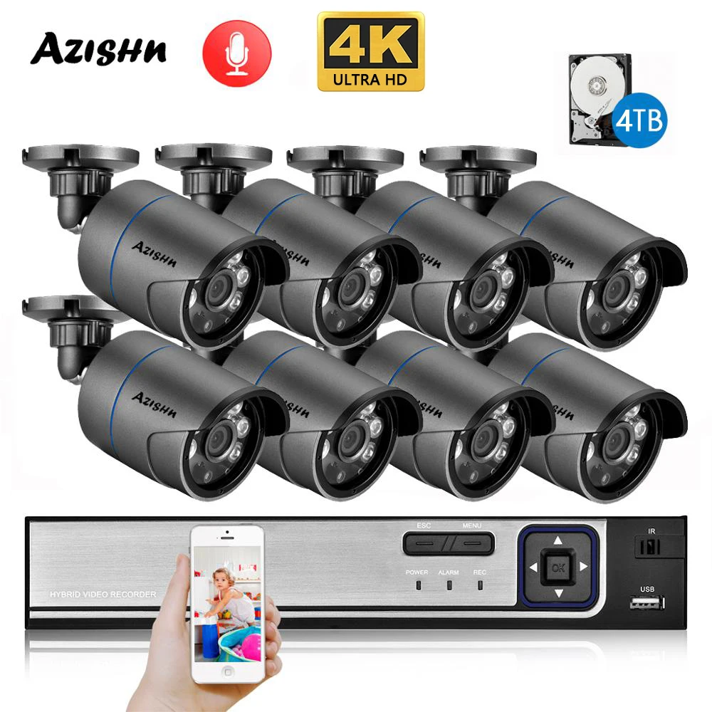 

AZISHN 4K Ultra HD Surveillance Camera System 8MP H.265 POE NVR CCTV Video Recording Outdoor Weatherproof Security Camera Kit