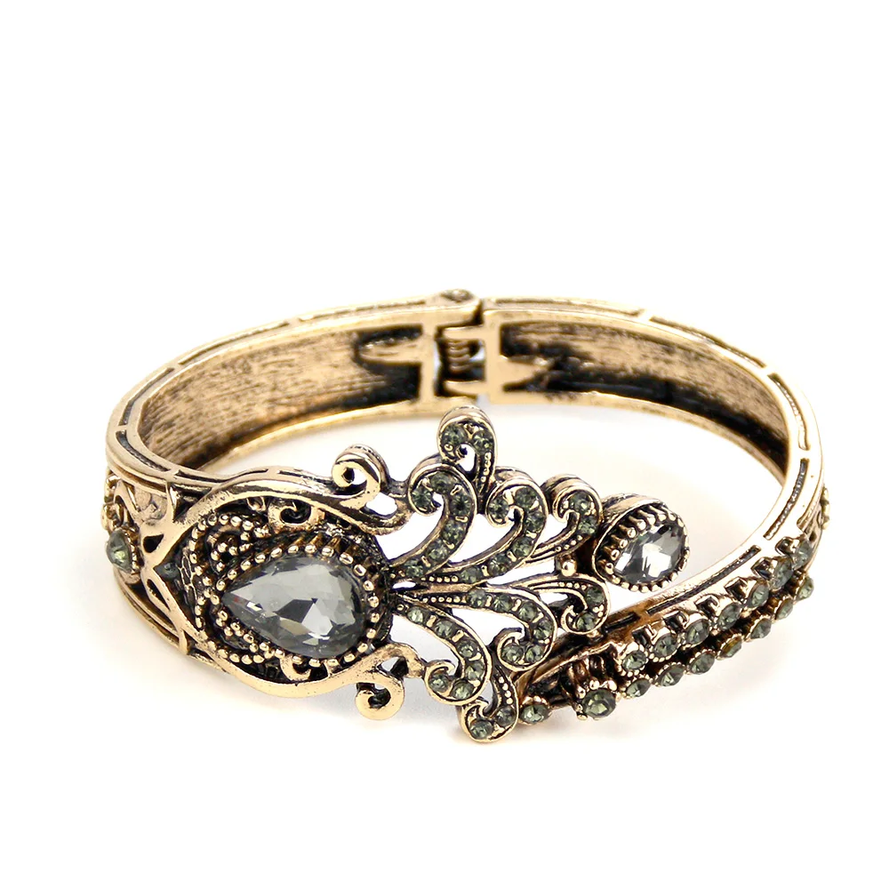 Sunspicems Retro Vintage Turkish Women Bracelet Bangle Antique Gold Color Bohemia Bracelets Indian Gray Crytal Wedding Jewelry