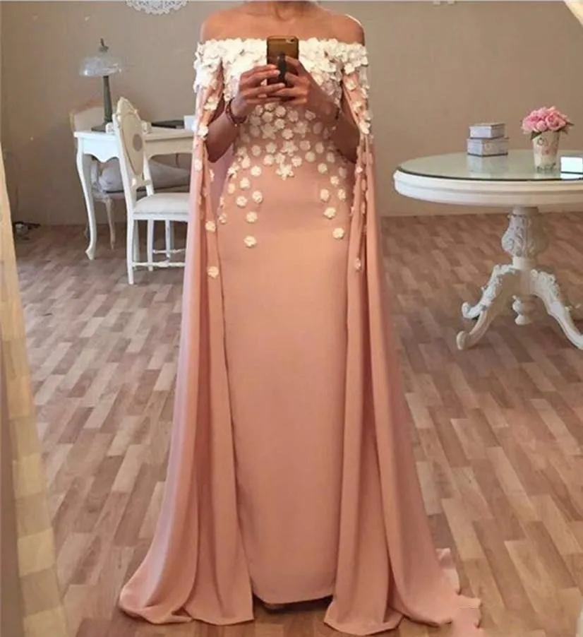 

Dubai Kaftan Robes Off the Shoulder Long Evening Dresses With Cape 3d Flowers Appliques Saudi Arabia Prom Formal Gown vestidos