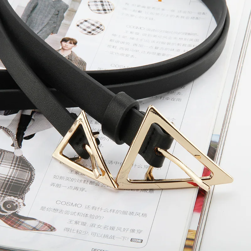 Fashion Trendy Designer Mujer Belt Triangle Belts for Women Dress Party Waistband Female Gold Pin Buckle Thin Black1.1cm Strap