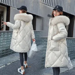 X-Lange Winter Donsjack Vrouwen 2021 Hooded Solid Casual Vrouwen Down Jas Met Bontkraag Effen Dikke overjas Vrouwelijke