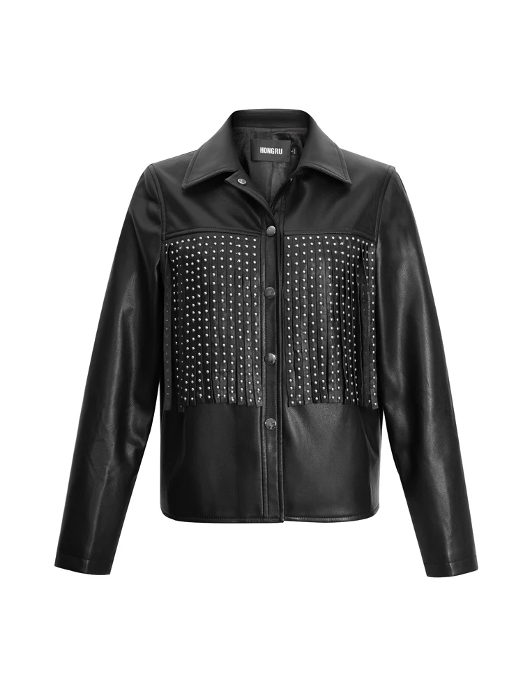 

Fashion Women's Leather Jacket Was Thin Slim Tassel Beading Locomotive Pu Leather Jacket Female Punk Motorcyle Jackets F2358