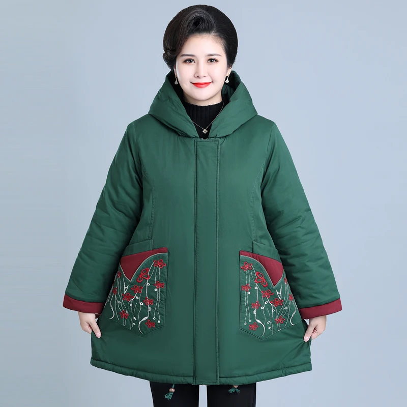 

OKXGNZ Middle-aged Elderly Parkas Women Winter Jacket New Embroidered Pocket Hooded Thicke Cotton Padded Jacket 6XL Outerwear