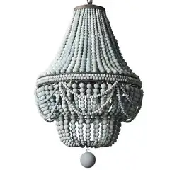 France Wood Bead Chandelier Pendant Lights Gray Blue Finishing Retro Vintage Antique Rustic Kitchen Ceiling Lamp Light Fixtures
