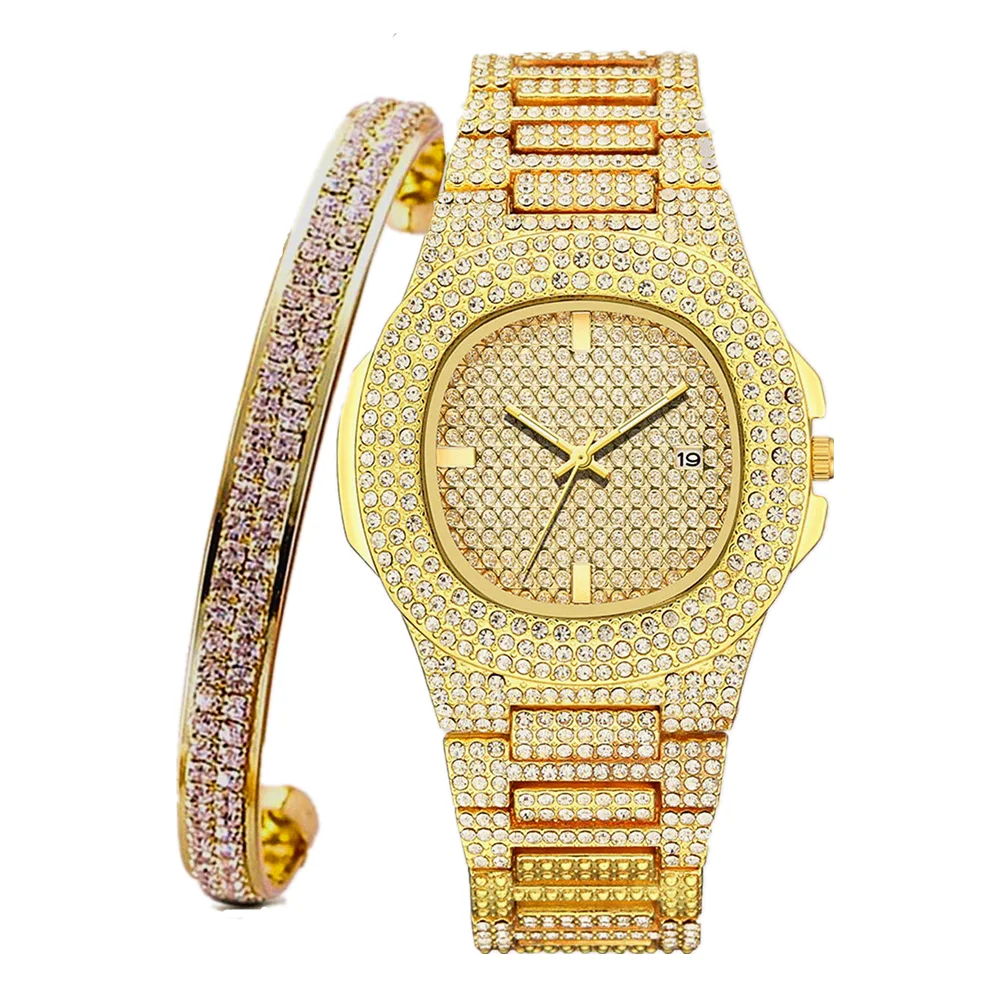 Watch + Bangle for Women Bling Miami Bracelet Iced Out Watches Women Hip Hop Watch Luxury Gold Watch Set Women Jewelry Set Gifts