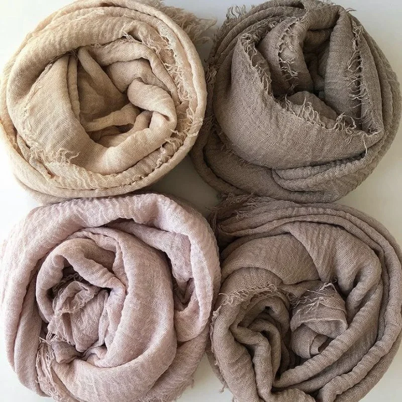 Solid Color Crinkle Women Hijab Bandana Frayed Edge Shawl Elegant Head Wrap Scarves Casual Sunscreen Travel Beach Towel