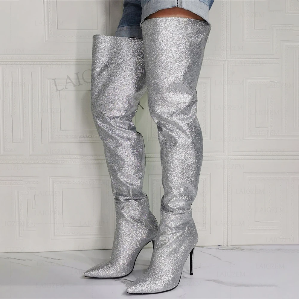 

SEIIHEM Women Thigh High Boots Glitter Back Zip Stiletto High Heels Over Knee Boots Party Cosplay Shoes Woman Big Size 39 43 47