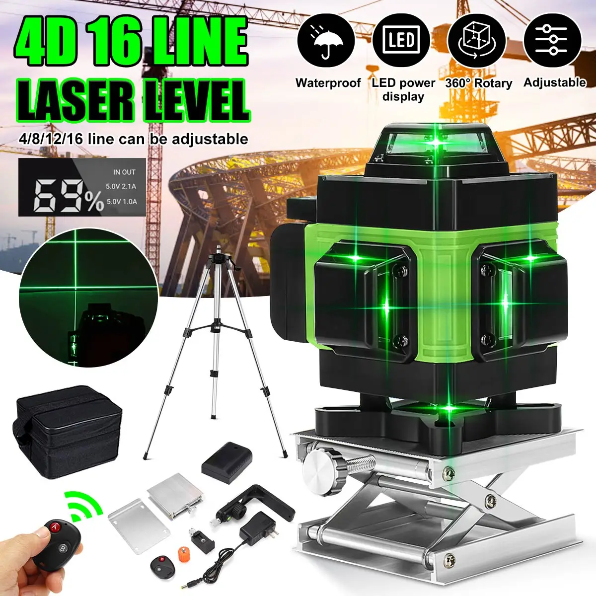 4D 16 Lines Green Laser Levels 360 Horizontal &Vertical Cross Lines Auto Self-Leveling super powerful Laser Tools with Tripod EU