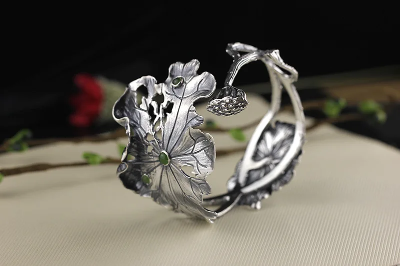 925 Sterling Thai Silver Bracelet Pure Silver Jewelry Handmade Exaggerated Lotus Leaf Hetian Jasper Bracelet