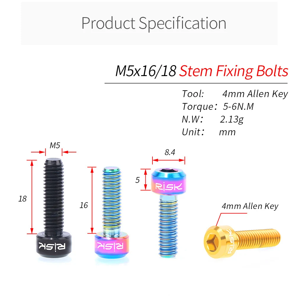 RISK M5x16 18mm Bicycle Titanium Alloy Bolts Mountain Road Bike Fixed Handlebar Stem Screws Stigma Allen Key Steering Fasteners