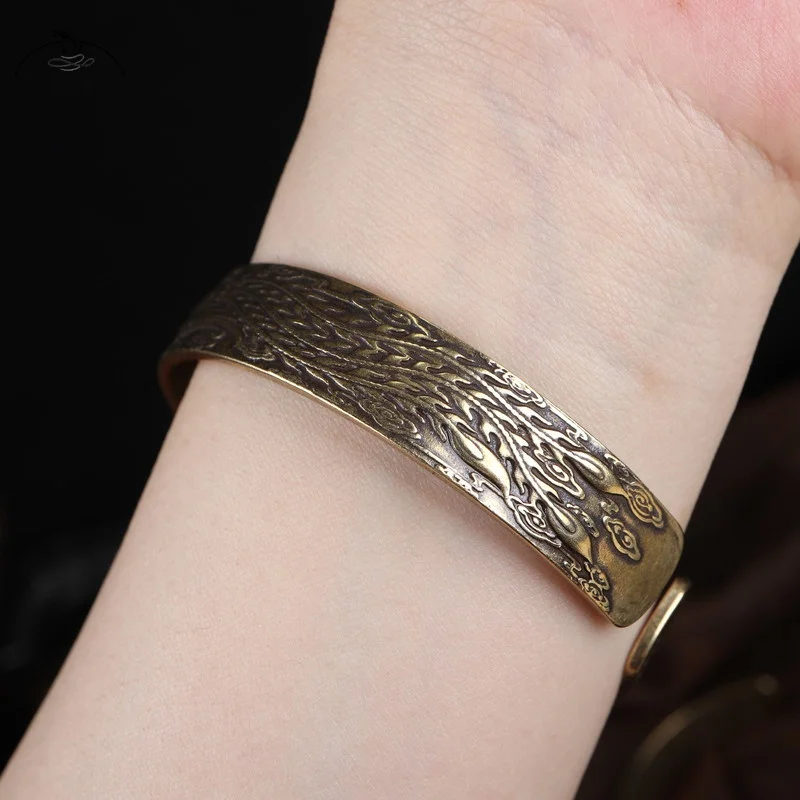 Retro Brass Dragon Phoenix Pattern Princess Bangle Classic Pure Copper Open Bracelet Ancient Women Wristband Valentine's Gifts