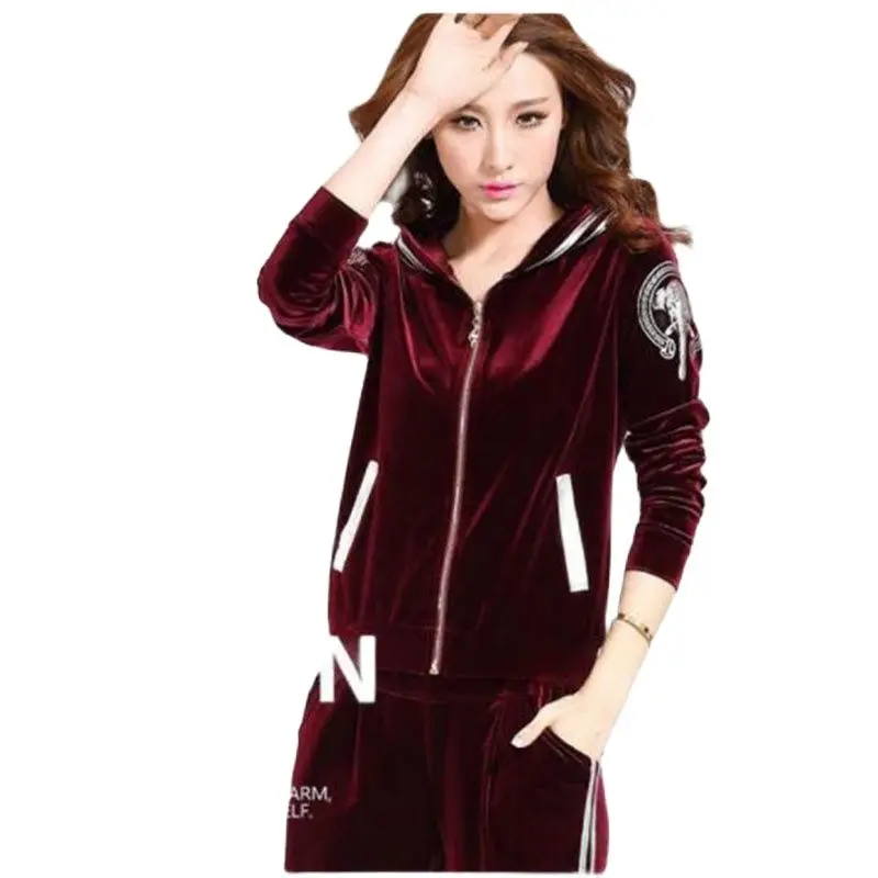 2024 Spring Autumn New Female Golden Velvet Casual Sportswear Outfit Printing Hooded Coat +Pants Suit Loose Fashion  Ladies 2PCS