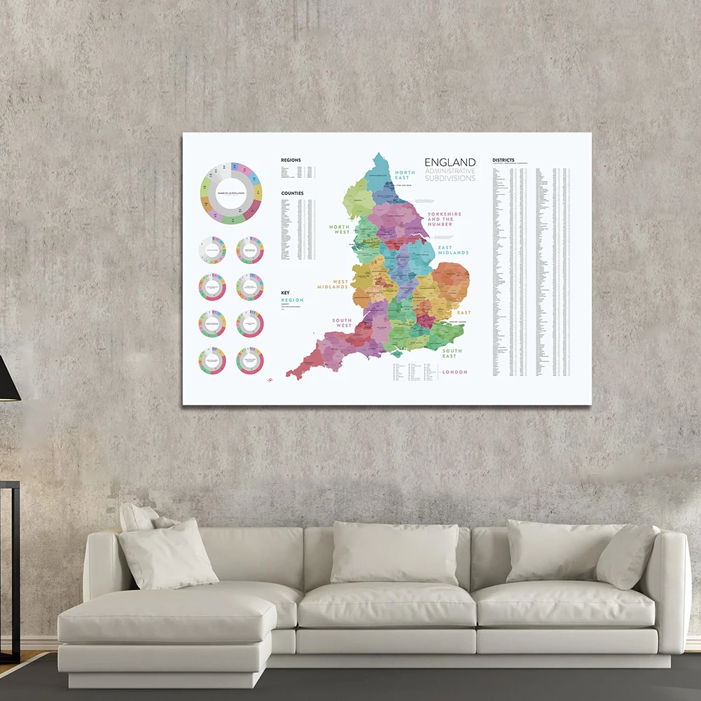 150*100 Cm Peta Inggris Subdivisi Administratif Daerah Rinci Non-anyaman Kanvas Poster Dekorasi Rumah Perlengkapan Sekolah