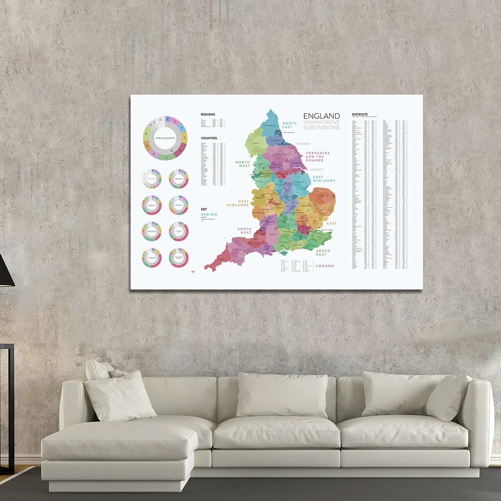 Póster de lona no tejida para decoración del hogar, mapa de las subdivisiones centrales de Inglaterra, con detalles de las Regiones, material escolar, 150x100 Cm