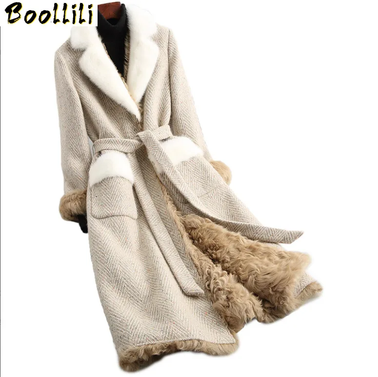 

Tweed Wool Boollili Coats Real Fur Coat Female Mink Fur Collar 2023 Long Winter Jacket Women Natural Lamb Fur Lining