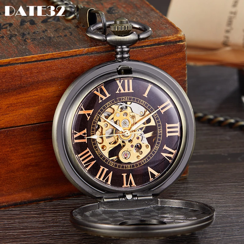 

Luxury Quality Mechanical Pocket Watch Skeleton Wood Zodiac Engraved Case Fob Chain Clock for Men Women Collection Dropshipping