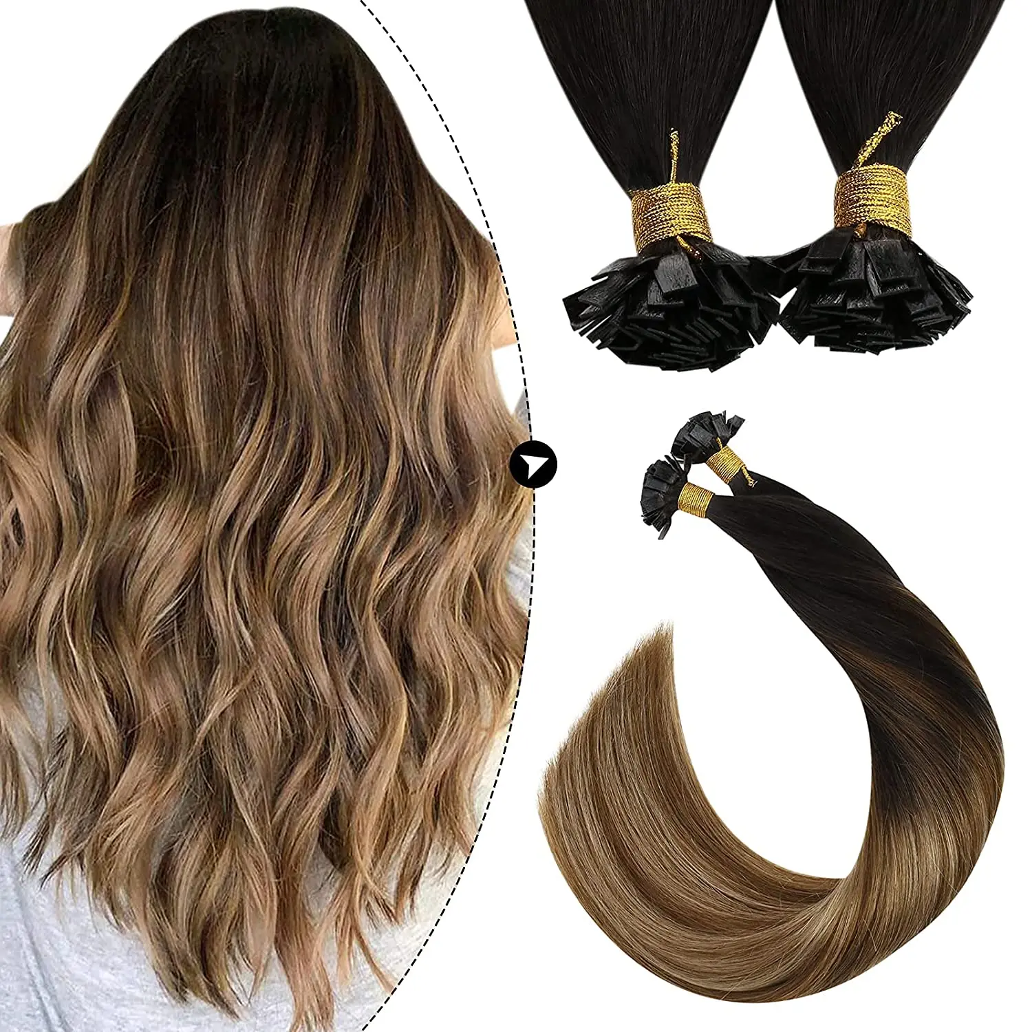 Ugeat Flat Tip Human Hair Extensions 14-24" Hot Fusion Hair Extension 50G Keratin Tip Hair Extensions Balayage Color Human Hair