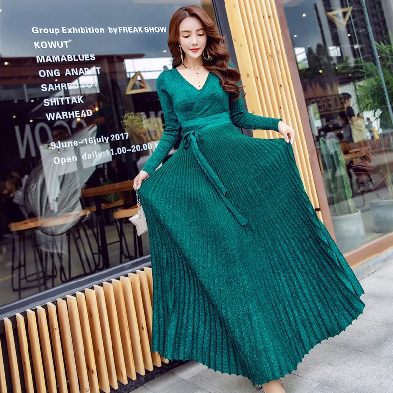 

Luxury 2022 Long Pleated Maxi Women Runway Party Dress Glitter Long Sleeve Deep V Neck Sashes Celebrity Party Dresses Vestidos