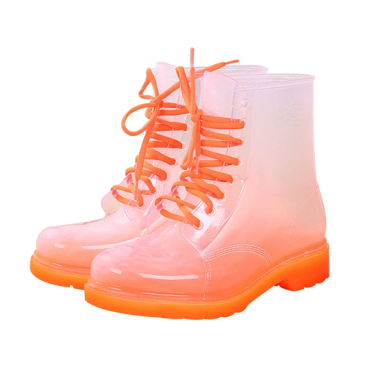 Women Rain Boots Mature Lady Lace Up Waterproof Lady Shoes Transparent Candy Colors Ankle Outdoor Girl\'s Shoes dfc3