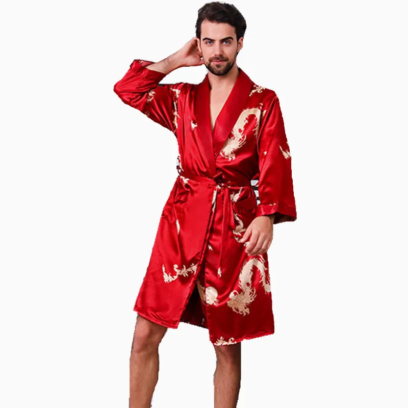 Men Silk Bathrobe and Shorts 2 Piece Set Plus Size Long Bath Robe Male Satin Kimono Night Gown Print Dragons Pyjama 6xl 7xl