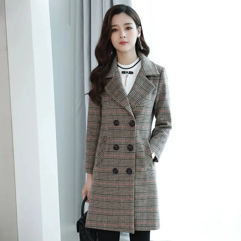 

Women's Wool Blends Coats Slim Winter Autumn Fashion Elegant Turtleneck Plaid Single breasted Long Woolen Outerwear Female