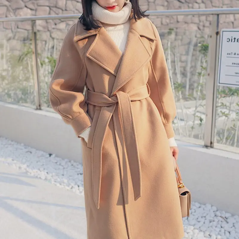 2019 Spring Autumn Woolen Coat Women Fashion Lantern Sleeve Wool&blends Long Woolen Coat Casual Loose Wool Jacket Female Outwear