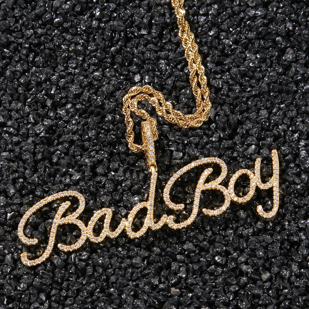 O bling rei personalizado novo estilo fino cursive letras pingente corrente de tênis ouro artesanal flor fonte simples hiphop jóias