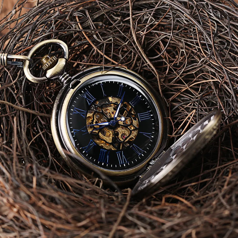 Steampunk Bronze Retro Eagle Blue Roman Numerals Mechanical Pocket Watch Transparent Skeleton Hand Winding Pocket Clock reloj