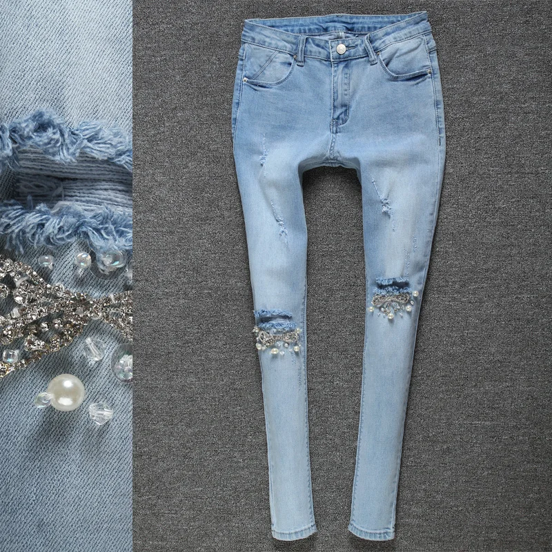 Modny Top damskie wykonane ręcznie wyszywane koralikami dżinsy pani dżetów diamentowe Denim poszarpane dziury Skinny spodnie ołówkowe ze strechu trudnej sytuacji