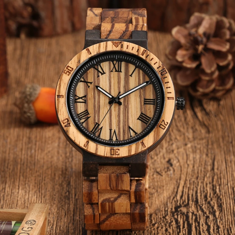 Wood Watch Men's Watches Retro Roman Scale Dial Watches Full Wooden Adjustable Belt Zebrawood Quartz Wristwatch Reloj de madera