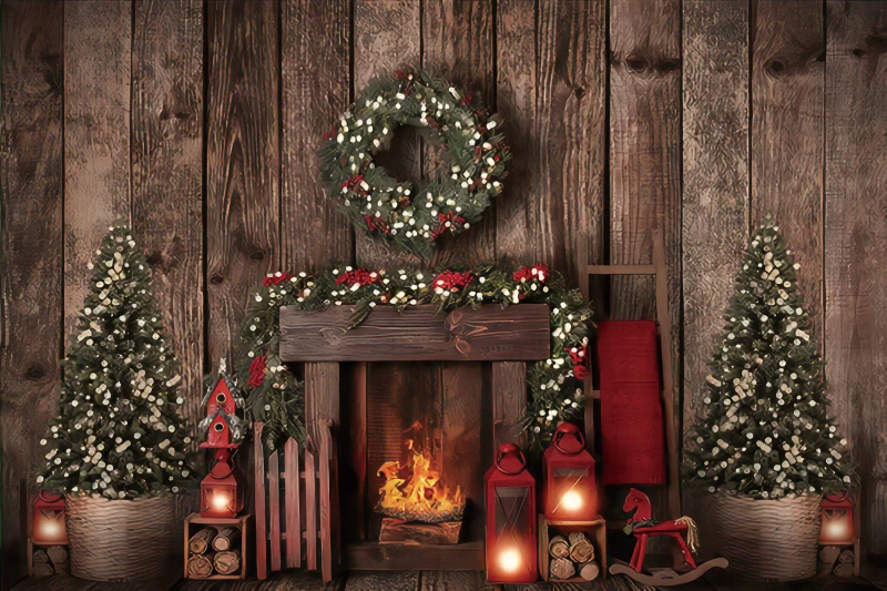 Vinyl Backdrop For Photography Old Wooden Rural House Merry Christmas Festivals Fireplace Gift Tree Floor Child Photo Background