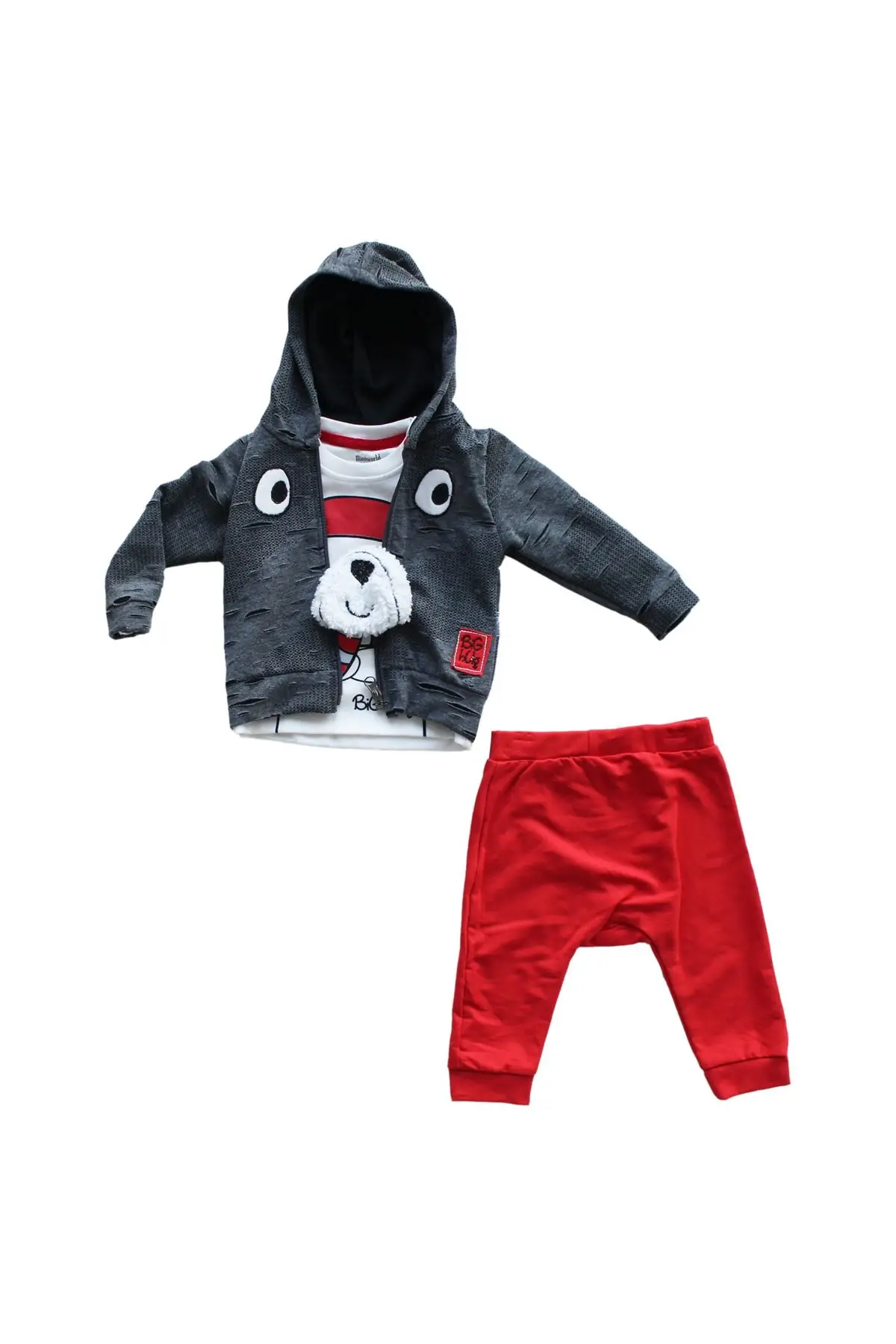 Big Hug Knitwear Hırkalı Gray Red 3'lü Suit