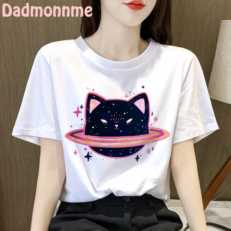 Fashion Saturn cat Cute Funny Print Goth Clothing Women T Shirt Aesthetics Graphic White Short Sleeve Polyester Women's T-Shirts