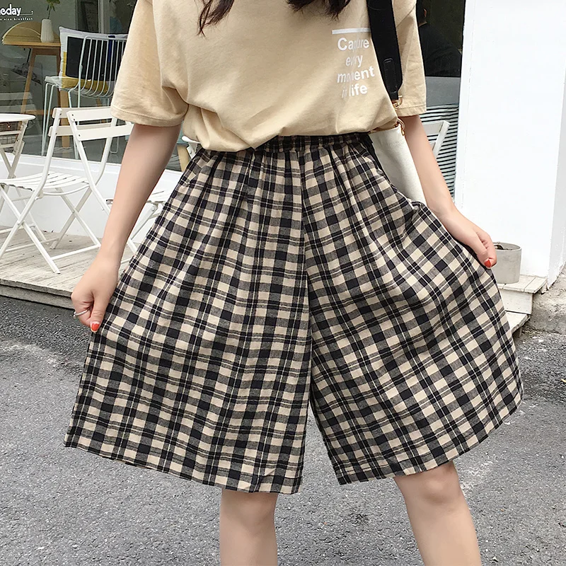 

Women's Japanese Style Oversized Cross Pants Plaid High Waist Drawstring Knee Length Wide Leg Pants Spring Summer 2021