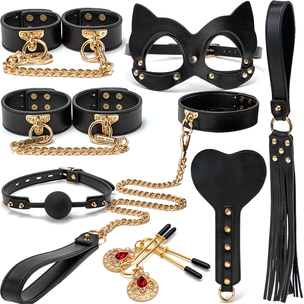 Luxury Slave BDSM Bondage Sex Toys Kit Restraint Handcuffs Dog Neck Collar Mouth Gag Whip Adult Erotic Product For Women Couples