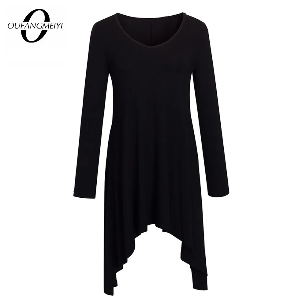 

Autumn Women Classy Solid Black Color with Irregular Hemline Casual Loose Shift Straight Day Dress 1EB352