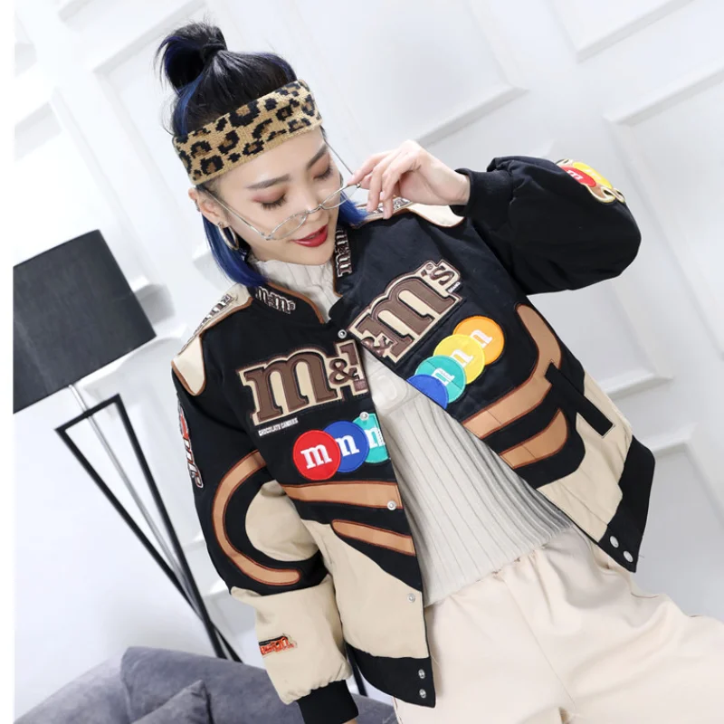 Women Embroidery Harajuku Patch Coat Winter Warm Jackets Female Hip Hop Long Sleeve Outwear