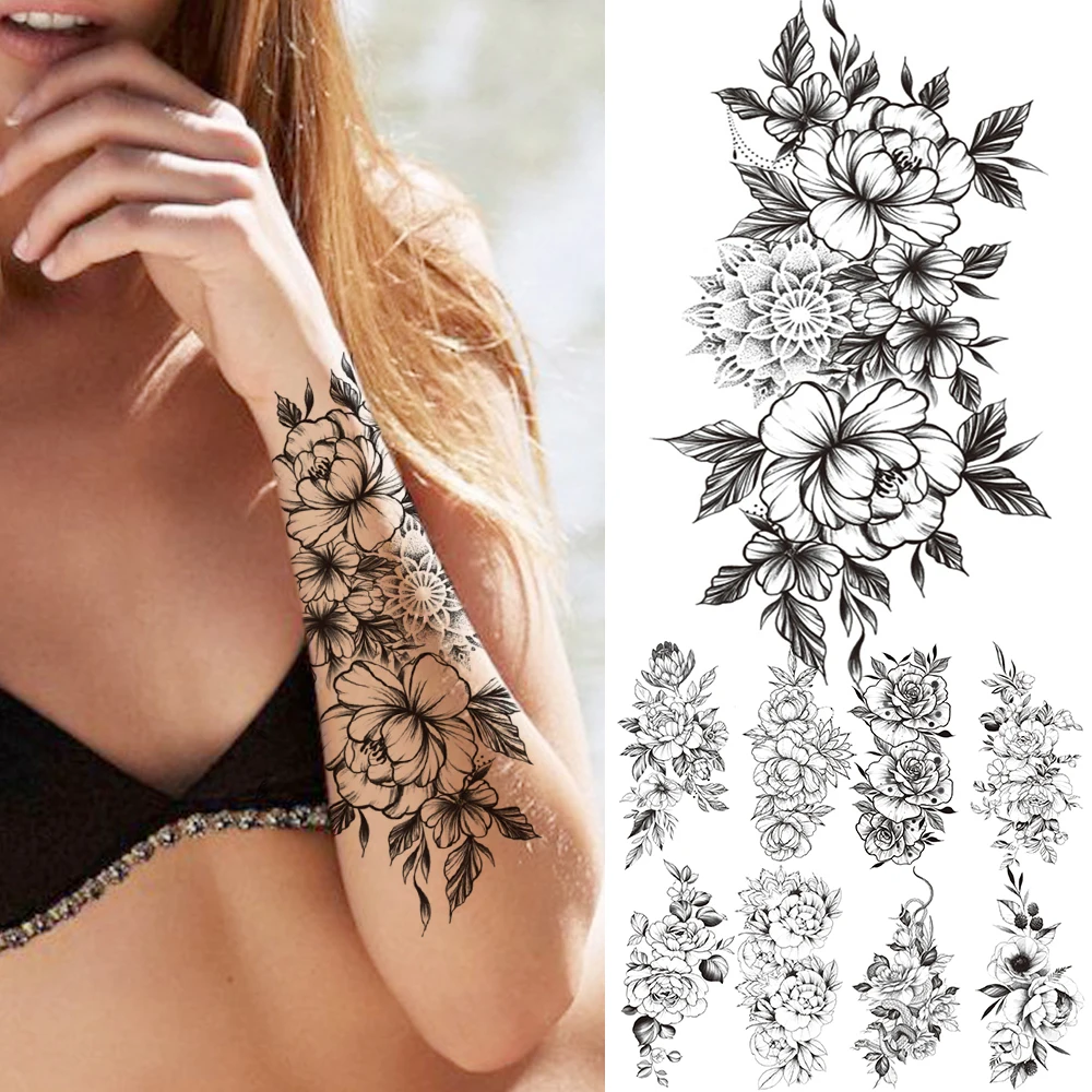 Large Flower Temporary Tattos Stickers For Women Adult Black Dahlia Rose Peony Realistic Fake Tattoos Water Transfer Tatto