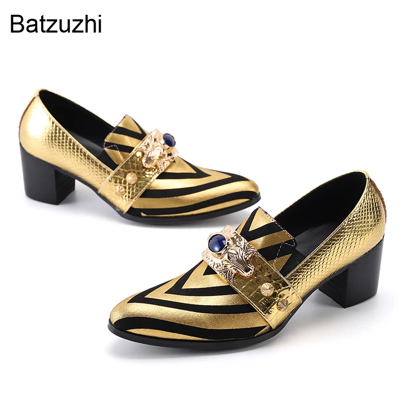 Batzuzhi 7.5cm High Heels Fashion Men Shoes Slip on Golden/Grey Leather Dress Shoes for Men's Party and Wedding, Big Sizes 38-46