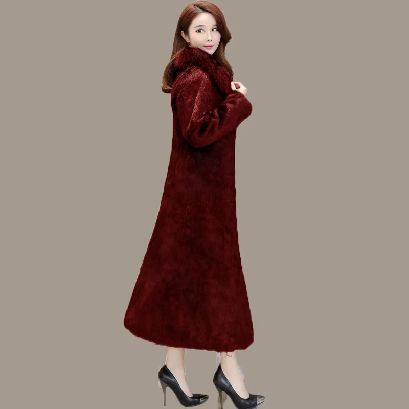 

Women New Real Rabbit Fur Long Coat Fox Fur Collar Slim Fit Plus Size 6XL Overcoat Thick Warm Long Outerwear Real Fur Coat