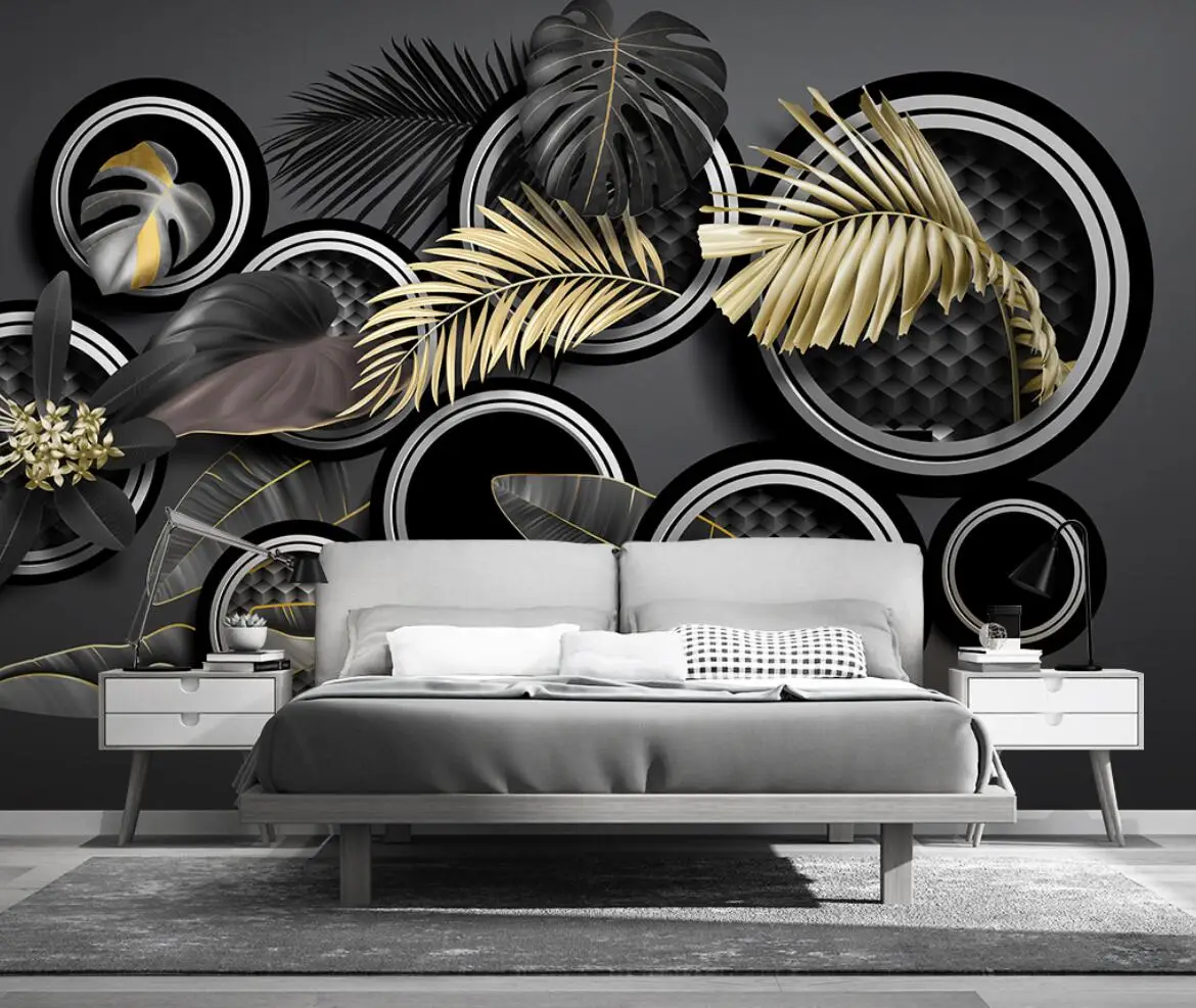 Custom Photo Wallpaper Modern Hand-painted golden tropical plant leaves Murals Living Room Bedroom Waterproof Wall Painting