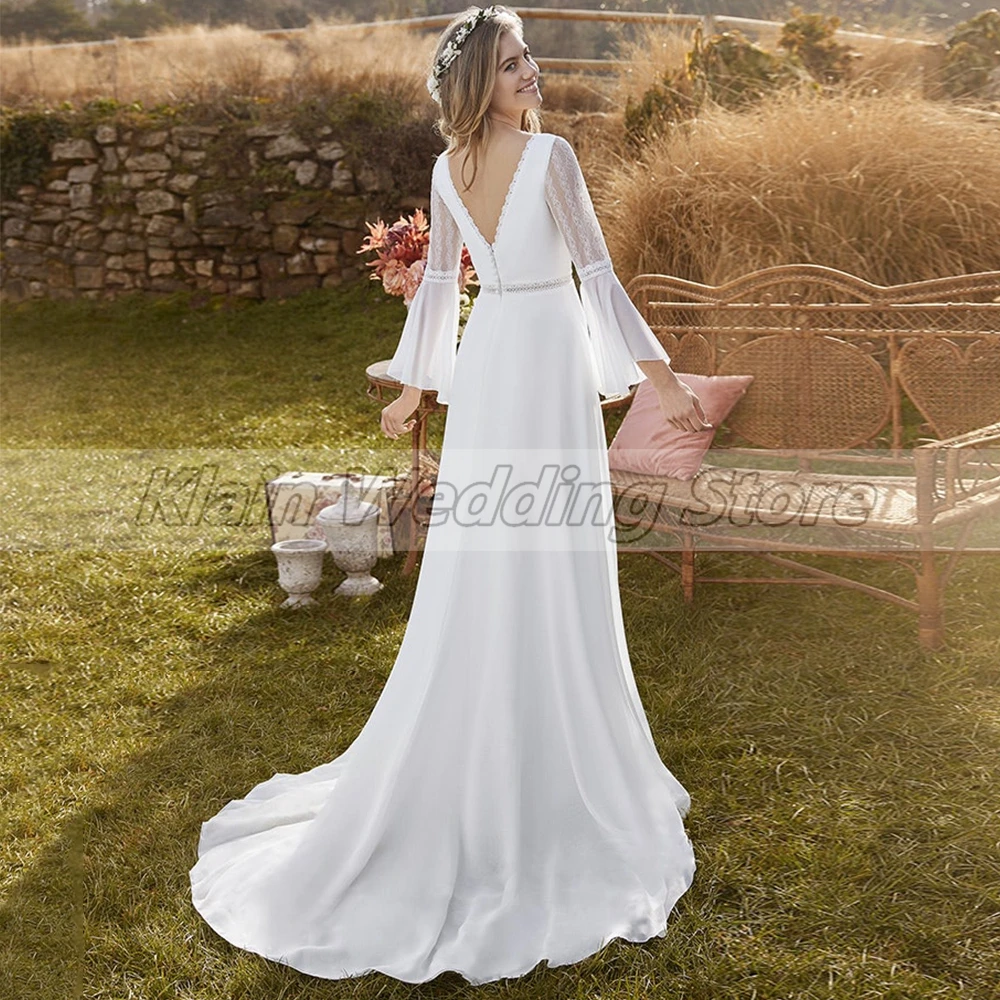 Elegante vestido de casamento com decote em v 2021 rendas manga comprida plissados trem varredura branco a linha vestidos de noiva com faixas vestidos de novia