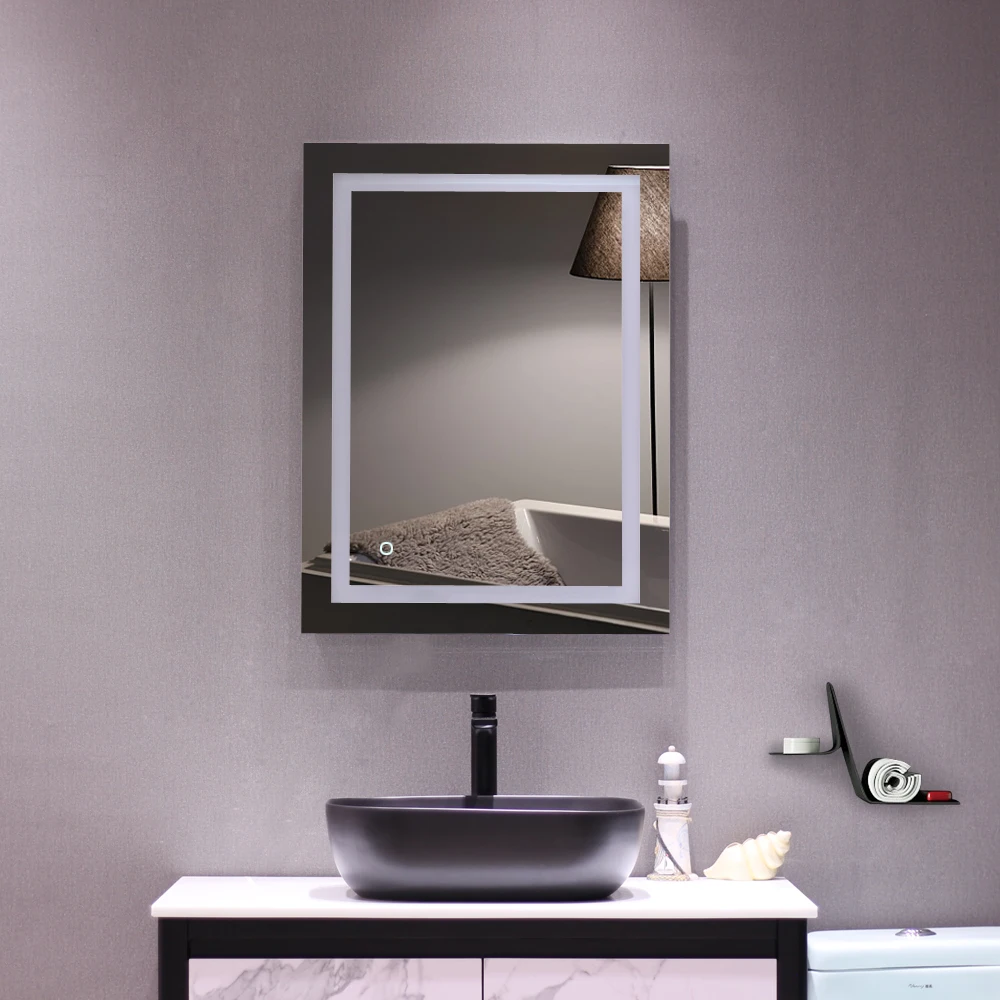 Bathroom Mirror with Led Light Glass Mirror Square Built-in Light Strip Touch LED Anti-fog Easy to install 32