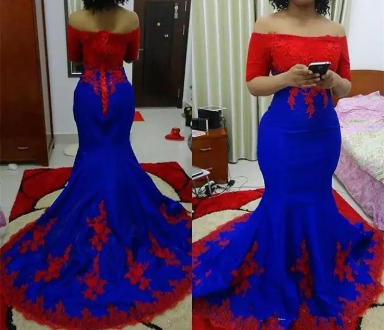 Abito da sera con applicazioni in pizzo rosso abito da sera a sirena blu royal robe de soiree 2019 abito da sera robe longue robe de soiree