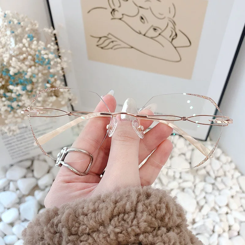 

0~+/-1000 Fashion Anti-blue Light Retro Net Red Cat Glasses Frame Frameless Diamond Trim Can Be Equipped with Myopia