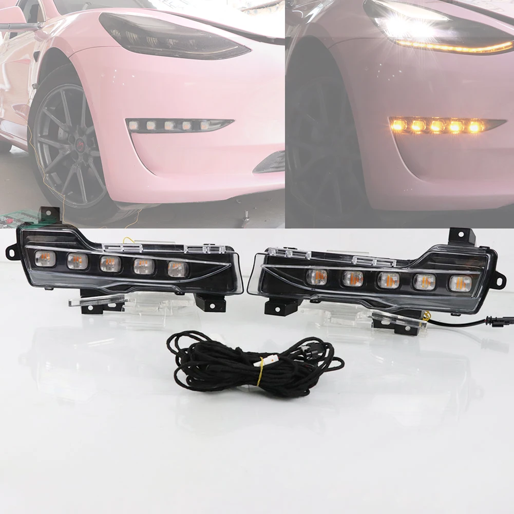 2 Pieces Car LED Daytime Running Lights for Tesla Model 3 2018 2019 2020 2021 Assembly Front Fog Light Flowing Turn Signal DRL