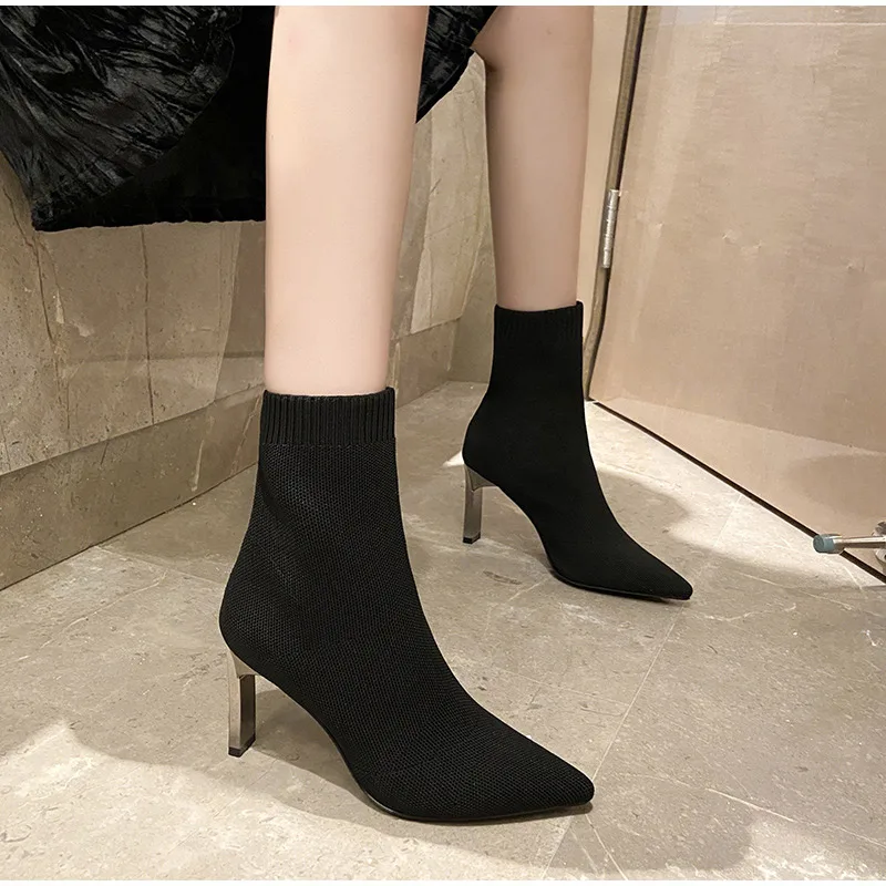 Nice Women Stretch Sock Boots Pointed Toe Female Heels Shoes Autumn Winter Woman Square Heels Ankle Boot Elastic Fabric Shoes